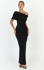 Ottilie Maxi Dress - Pin Tucked One Shoulder Fitted Dress in Black
