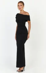 Ottilie Maxi Dress - Pin Tucked One Shoulder Fitted Dress in Black - Image 2