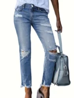 SHEWIN Women's Ripped Shaping Skinny Jeans Distressed Raw Hem Stretchy Denim Pants