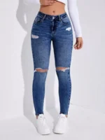 SHEWIN Women's Ripped Shaping Skinny Jeans Distressed Raw Hem Stretchy Denim Pants - Image 2