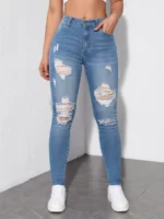 SHEWIN Women's Ripped Shaping Skinny Jeans Distressed Raw Hem Stretchy Denim Pants - Image 3