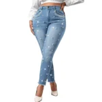 CHICME Women's Rhinestone Skinny Jeans Light Blue High Waisted Stretchy Denim Pants with Belt Party Date Night - Image 2