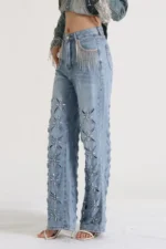 CHICME Women's Rhinestone Skinny Jeans Light Blue High Waisted Stretchy Denim Pants with Belt Party Date Night - Image 3