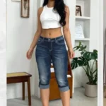 Flamingals Mid Waist Skinny Capri Jeans for Women Crop Stripe & Star Embroidery Raw Hem Casual Denim Jeans