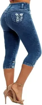 Flamingals Mid Waist Skinny Capri Jeans for Women Crop Stripe & Star Embroidery Raw Hem Casual Denim Jeans - Image 3