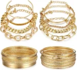 M MOOHAM Gold Bracelets Set for Women Girls, 14K Gold Plated Dainty Stackable Bracelets Stack for Women Herringbone Paperclip Rope Cuban Chain Set Simple Trendy Jewelry Gifts - Image 2