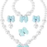 Princess Jewelry for Little Girls, Handmade Bow Pearl Kids Jewelry Set, Stretch Necklace Bracelets Rings and Clip on Earrings, Perfect for Dress Up, Birthday Parties, and Costume Play