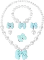 Princess Jewelry for Little Girls, Handmade Bow Pearl Kids Jewelry Set, Stretch Necklace Bracelets Rings and Clip on Earrings, Perfect for Dress Up, Birthday Parties, and Costume Play