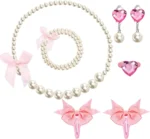 Princess Jewelry for Little Girls, Handmade Bow Pearl Kids Jewelry Set, Stretch Necklace Bracelets Rings and Clip on Earrings, Perfect for Dress Up, Birthday Parties, and Costume Play - Image 2