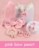 Princess Jewelry for Little Girls, Handmade Bow Pearl Kids Jewelry Set, Stretch Necklace Bracelets Rings and Clip on Earrings, Perfect for Dress Up, Birthday Parties, and Costume Play - Image 3
