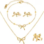 3PCS Gold Necklace and Earring Set, Bow Jewelry Gold Trendy Bowknot Ribbon Choker Necklace Bows Stuff Gifts Christmas Holiday Jewelry Necklaces+Bracelet+Earrings