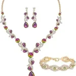 Cuicanstar 3 Pieces Silver Plated Jewelry Set for Women, Artificial Rhinestone Crystal Statement Necklace Teardrop Dangle Earrings Link Tennis Bracelet Costume Jewelry for Bridal Wedding Party