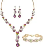 Cuicanstar 3 Pieces Silver Plated Jewelry Set for Women, Artificial Rhinestone Crystal Statement Necklace Teardrop Dangle Earrings Link Tennis Bracelet Costume Jewelry for Bridal Wedding Party