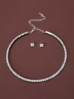 Cuicanstar 3 Pieces Silver Plated Jewelry Set for Women, Artificial Rhinestone Crystal Statement Necklace Teardrop Dangle Earrings Link Tennis Bracelet Costume Jewelry for Bridal Wedding Party - Image 2
