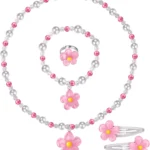 BGSHEMNI Girls Flower Jewelry Set - Toddler Dress up 5 Piece Pretend Plasy Toy Jewelry Box Set with Bead Necklace, Bracelet Ring and Hair Clips - Play Accessories - Ages 3+ Girl Birthday Gifts