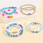 Preppy Bracelets Set Colorful White Gold Smile Heart Star Polymer Beaded Pearl Clay Stackable Charm Y2K Kidcore Aesthetic Summer Beach Bohemian Stretch Layering Bracelets Jewelry for Girls Women Teens