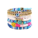 Preppy Bracelets Set Colorful White Gold Smile Heart Star Polymer Beaded Pearl Clay Stackable Charm Y2K Kidcore Aesthetic Summer Beach Bohemian Stretch Layering Bracelets Jewelry for Girls Women Teens - Image 2
