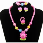 Handmade Pearl Kids Jewelry Set for Little Girls Toddler - Unique Clip On Earrings and Stretch Necklace Bracelets - Adjustable Heart Rings - Pink Bow Hair Clips - Cute Dress Up Birthday Gifts