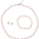 Pink 8mm 14.5inch Faux Glass Imitation Crystal Glass Imitation Pearls Necklace Bracelet Earring Butterfly Pendant Jewelry 3 set gift for Girls