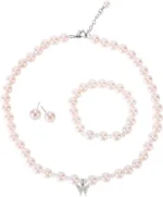 Pink 8mm 14.5inch Faux Glass Imitation Crystal Glass Imitation Pearls Necklace Bracelet Earring Butterfly Pendant Jewelry 3 set gift for Girls