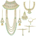 Aheli Traditional Wedding Indian Bharatanatyam jewellery set Long Choker Necklace Earrings Maang Tikka Nath Paasa Hath Phool for Women