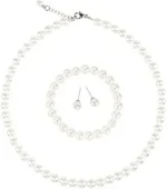 White 8mm Faux Hand Knotted Glass Imitation Pearls Necklace Earring Jewelry 3 Set for Women and Girls - Image 2