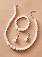 COLORFUL BLING Faux Pearl Jewelry Set, 4Pcs Pearl Necklace Bracelet Earrings Set for Women, Elegant Round Beaded Costume Jewelry for Wedding Party Daily Wear