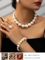 COLORFUL BLING Faux Pearl Jewelry Set, 4Pcs Pearl Necklace Bracelet Earrings Set for Women, Elegant Round Beaded Costume Jewelry for Wedding Party Daily Wear - Image 3