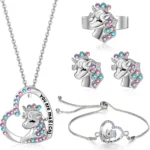 4 Pcs Girl Unicorn Axolotl Jewelry Set Necklace Bracelet Ring Clip on Earrings Crystal Pendant Gifts for Toddler