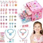 Toys for Girls Jewelry,37PCS Princess Toddler Girl Toys Age 6-8 for Pretend Play & Dress Up, Adjustable Ring Clip on Earrings Kids Toy for 3 4 5 6 7 8 9 Year Old Girls Christmas Birthday Gifts Ideas