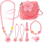 Hifot Kids Jewelry Little Girls Plush Handbag Necklace Bracelet Earrings Ring Hair Clips Set, Princess Costume Jewelry Party Favors Gift for Dress up Pretend Play (3-8 Years) - Image 2