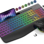 Wireless Keyboard and Mouse Combo, MARVO 2.4G Ergonomic Wireless Computer Keyboard with Phone Tablet Holder, Silent Mouse with 6 Button, Compatible with MacBook, Windows (Black)
