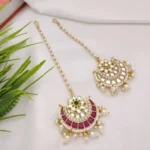 Gold Kundan Bridal Jewelry Set Necklace Earrings Maang Tikka - Image 2