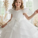 Short Flutter Sleeve Organza Knee Length Flower Girl Dresses 1028919378818
