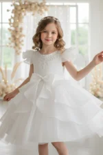 Short Flutter Sleeve Organza Knee Length Flower Girl Dresses 1028919378818