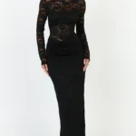 Skye Maxi Dress - Lace Long Sleeve Draped Waist Dress in Black