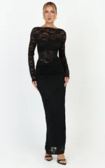 Skye Maxi Dress - Lace Long Sleeve Draped Waist Dress in Black