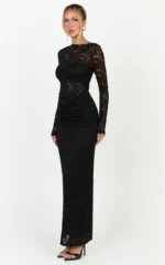 Skye Maxi Dress - Lace Long Sleeve Draped Waist Dress in Black - Image 2