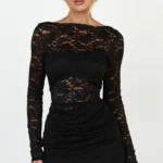 Skye Mini Dress - Lace Long Sleeve Draped Skirt Dress in Black