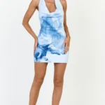 Sunny Mini Dress - Backless Plunge Neck Halter Dress in Skylight Orchid Print