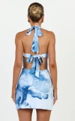 Sunny Mini Dress - Backless Plunge Neck Halter Dress in Skylight Orchid Print - Image 2