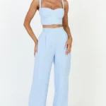 Sylvia Two Piece Set - Corset Top and High Waisted Wide Leg Pants Set in Blue
