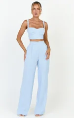Sylvia Two Piece Set - Corset Top and High Waisted Wide Leg Pants Set in Blue