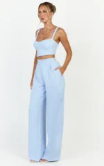 Sylvia Two Piece Set - Corset Top and High Waisted Wide Leg Pants Set in Blue - Image 2